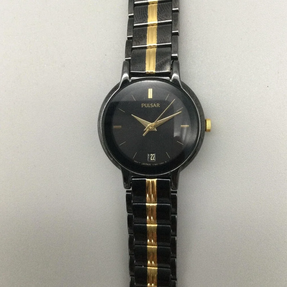 Pulsar Womens Watch 24mm Black Gold Tone Bracelet Date V722-0590 New Battery 7